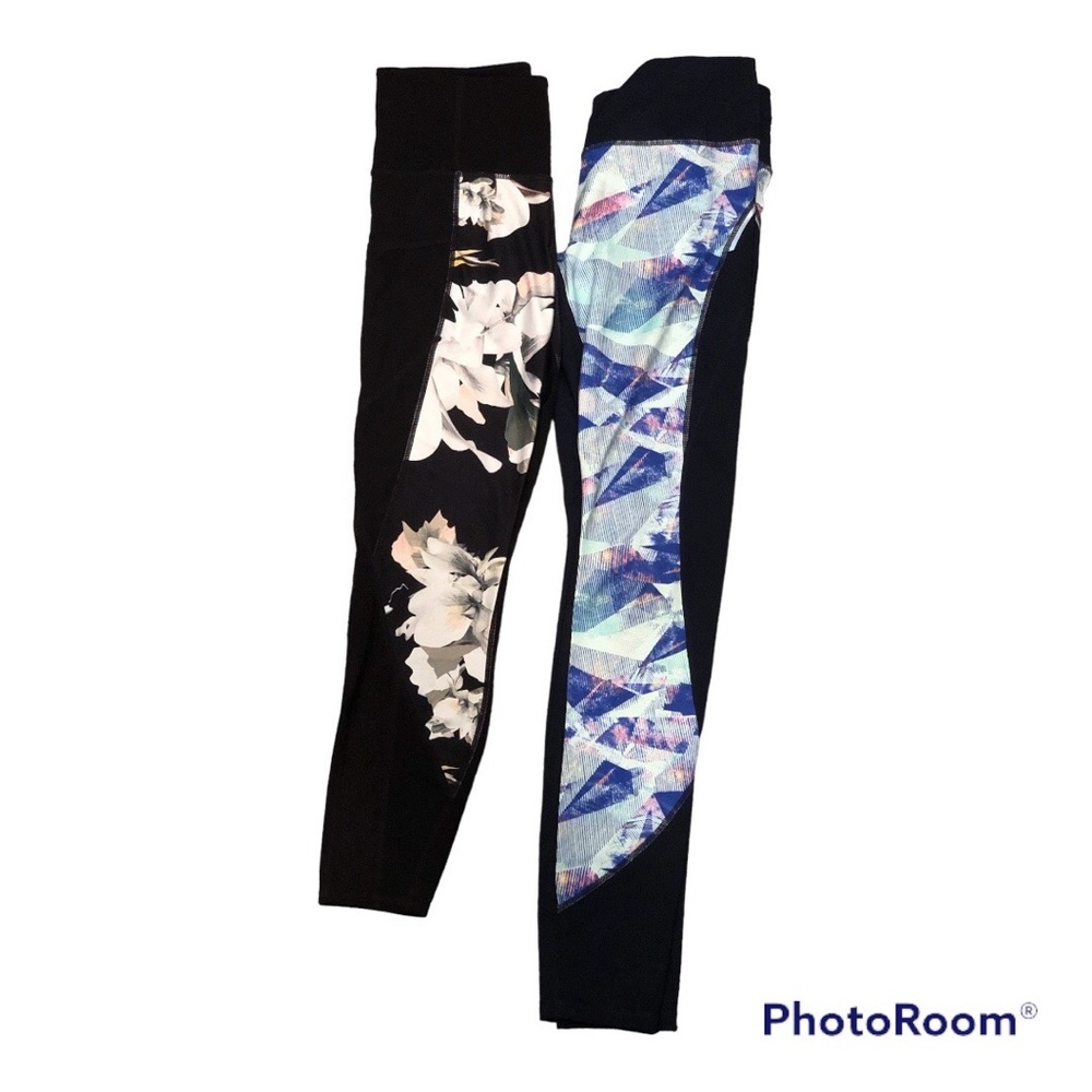 Athleta Blue Luminous Powder Peak & Black floral leggings Both size Small